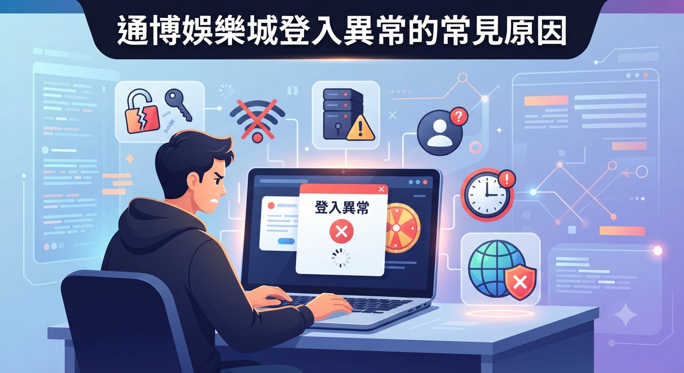 這是一張關於通博娛樂城登入異常常見原因的插圖,畫面中顯示使用者面對電腦出現登入錯誤提示。 上方醒目處標示著「通博娛樂城登入異常的常見原因」標題,並搭配各種網路與系統問題的圖示。
