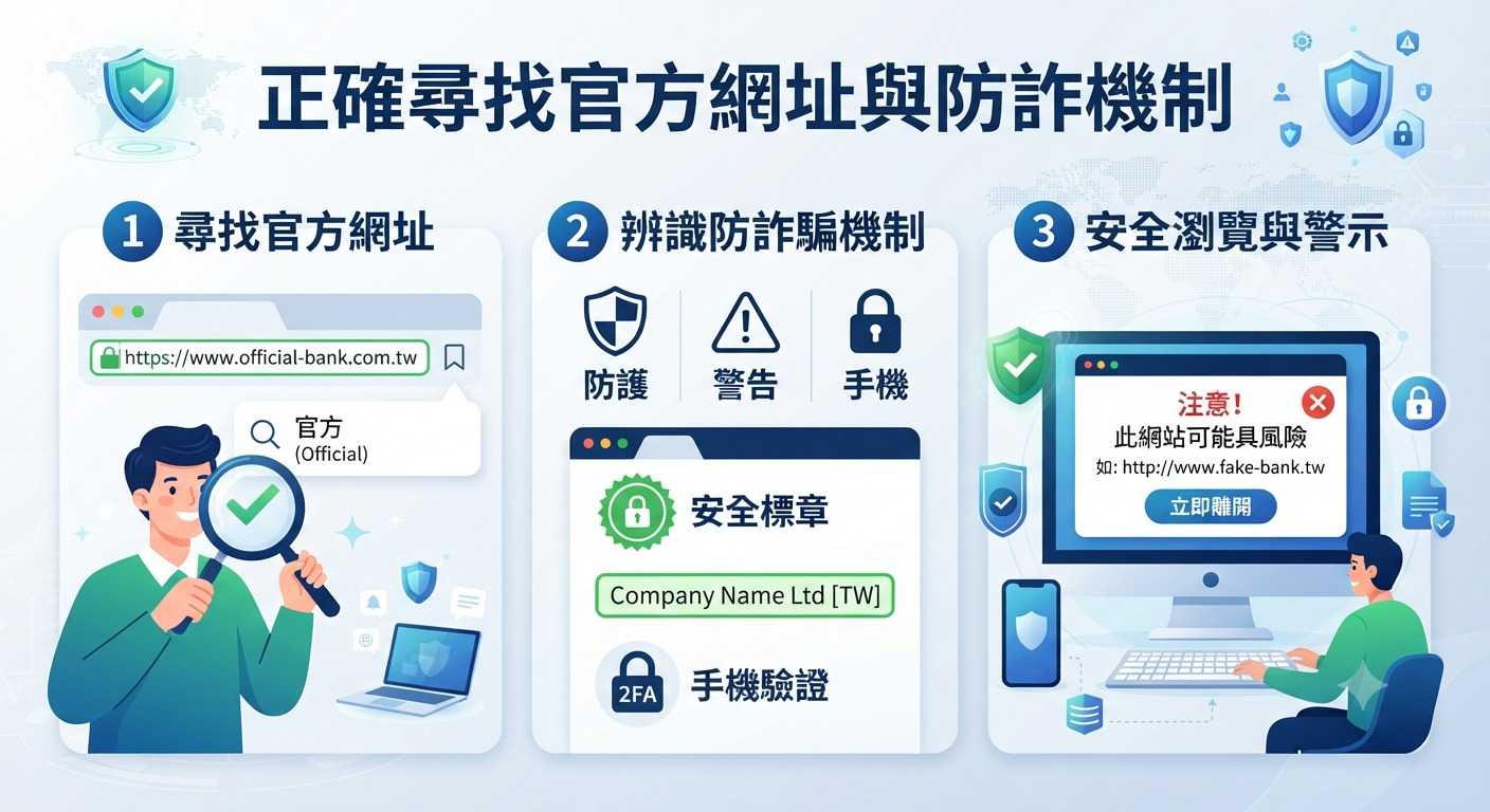 圖片主標題為「正確尋找官方網址與防詐機制」,並透過三個區塊圖解如何辨識官方網頁、防詐防護措施及安全瀏覽警示。 整體插圖採用數位資安與防詐騙為主題,搭配藍色調的科技視覺風格,強調網路安全與正確搜尋官方資訊的重要性。